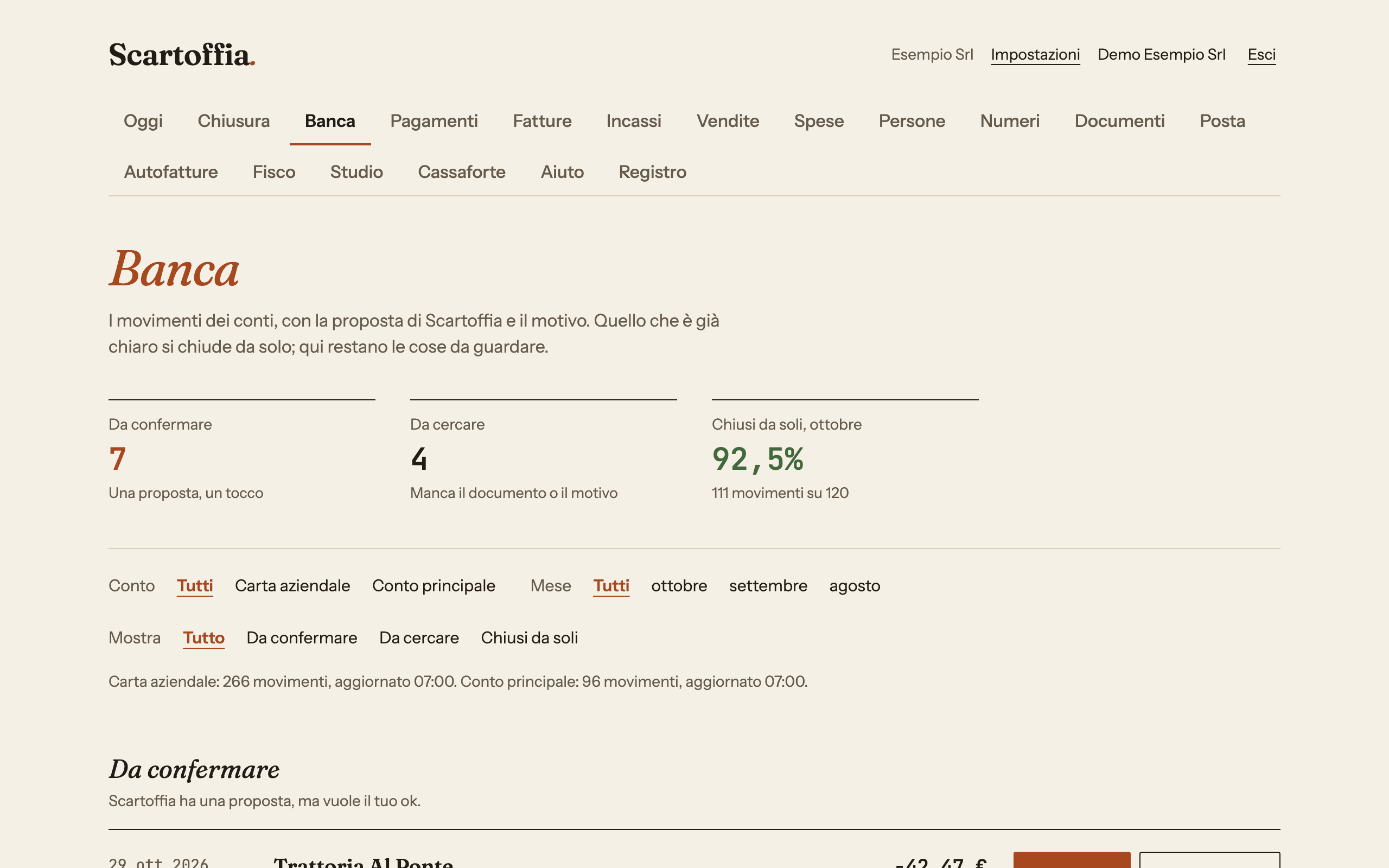 Schermata della banca: movimenti abbinati ai documenti e movimenti ancora senza giustificativo