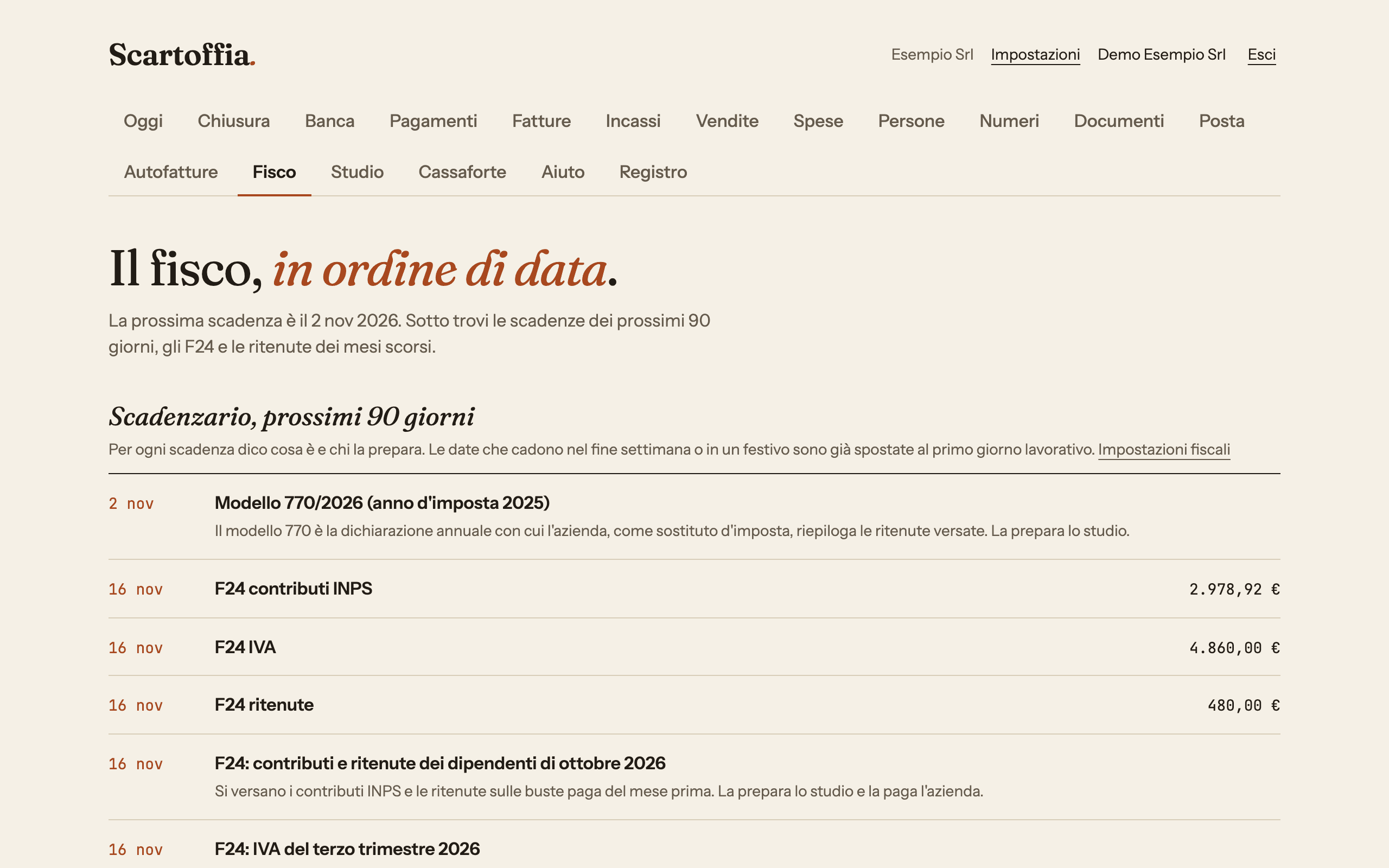Schermata dello scadenzario fiscale con la spiegazione di ogni scadenza